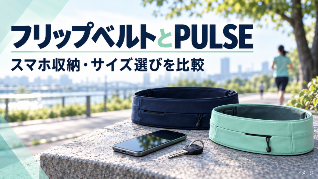 FlipBelt ClassicとPULSEの比較。ランニングベルトとスマートフォンのイメージ。実物写真ではありません
