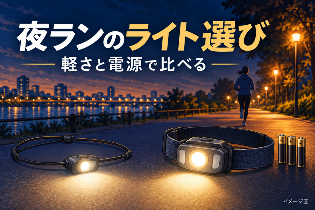 小型ヘッドランプと予備電池を示すイメージ図。実物の商品写真ではありません。