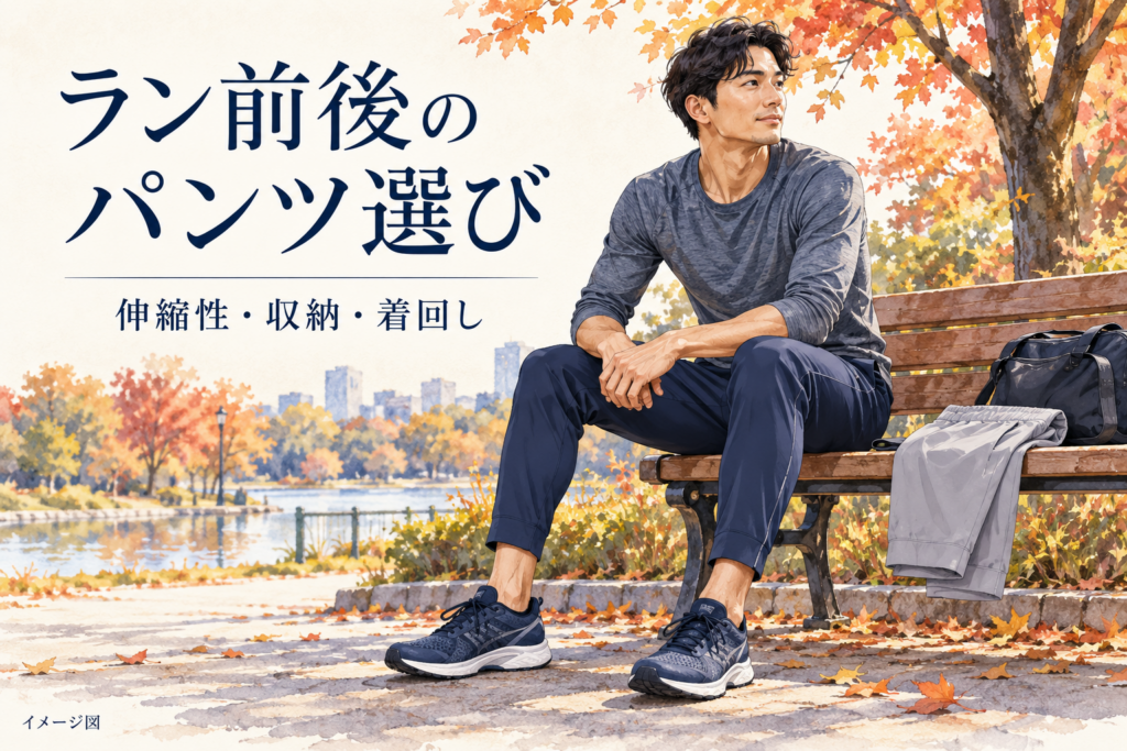 ラン前後のロングパンツ着用のイメージ図。比較商品の実物写真ではありません。