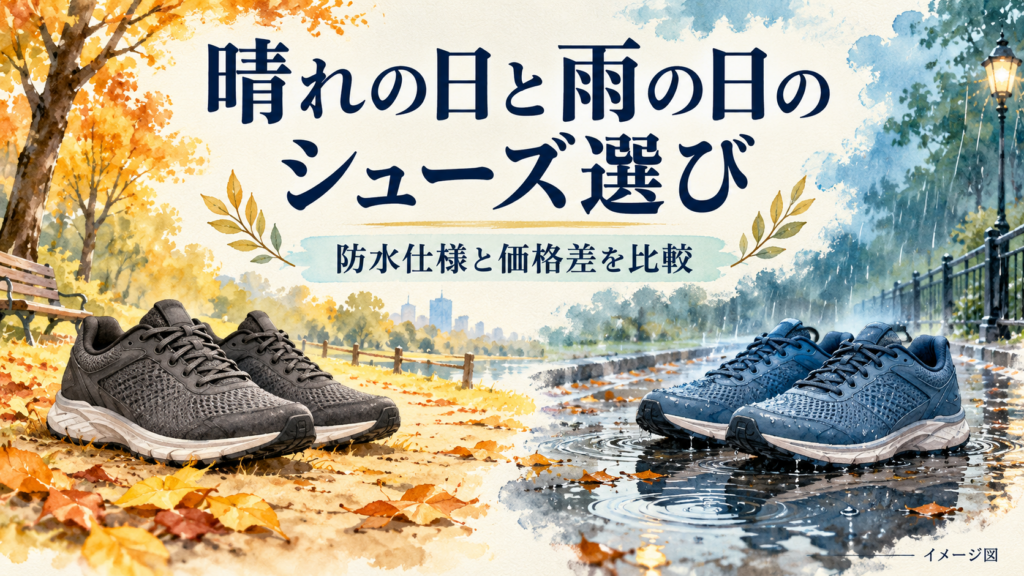 晴れと雨のランニングシューズ選びを表すイメージ図。比較商品の実物写真ではありません。