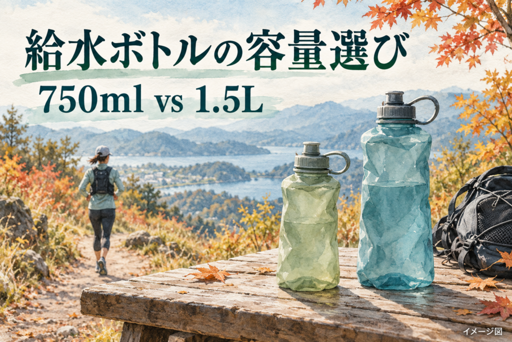 750mlと1.5Lの給水ボトル選びを表したイメージ図。製品写真や実寸図ではありません。