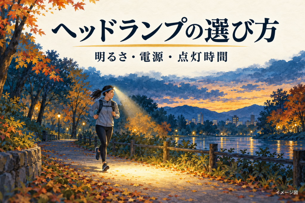 夕暮れの道でヘッドランプを使うランナーのイメージ図。比較商品の実物写真ではありません。