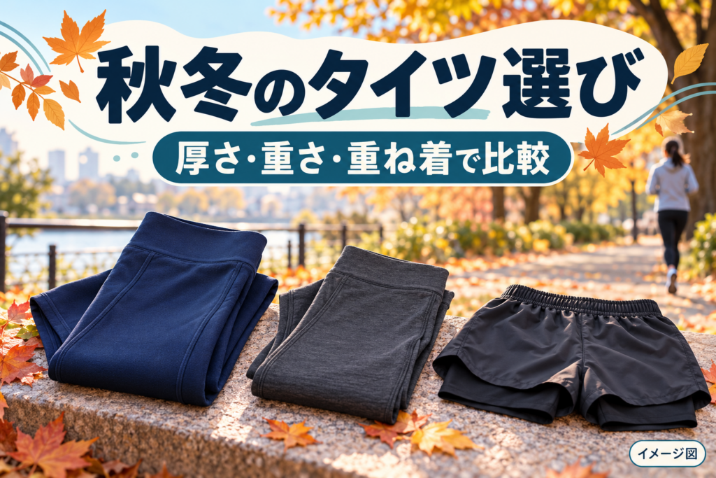 秋の公園とタイツ・ショーツを描いたイメージ図。実物の商品写真ではありません。
