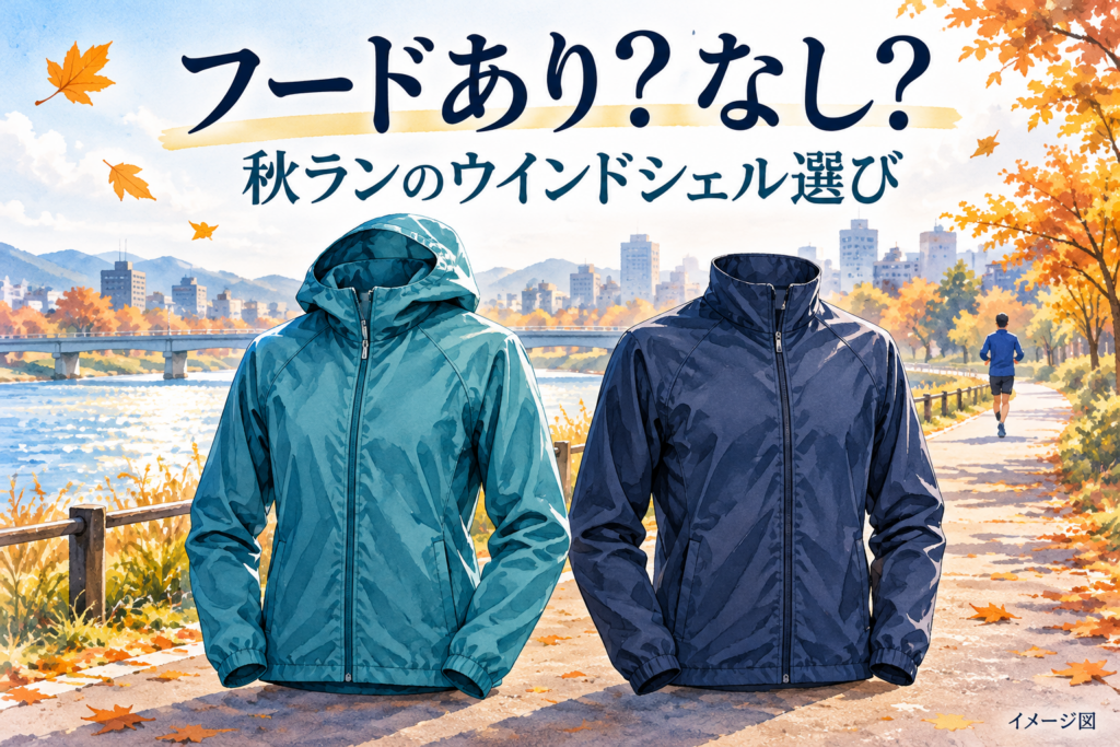 フード付きとフードなしのウインドシェルを描いたイメージ図。商品の実物写真ではありません。