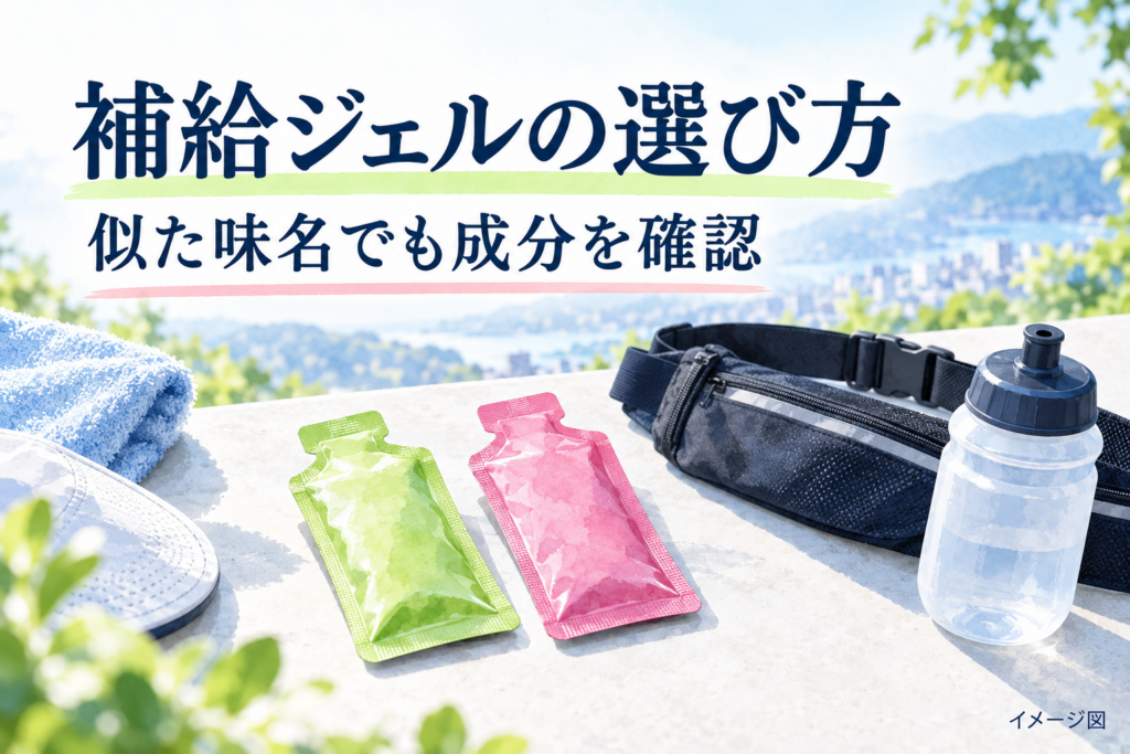 補給ジェルとランニング用品のイメージ図。マグオンの実際の商品写真ではありません。