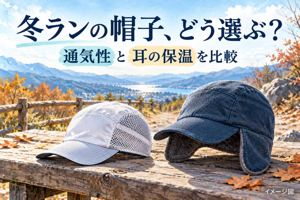 メッシュのキャップと耳を覆うキャップのイメージ図。パタゴニア商品の実物写真ではありません。