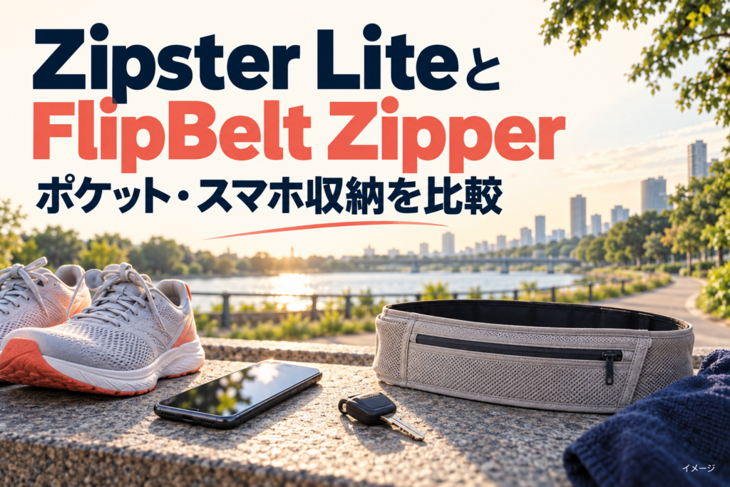 Zipster LiteとFlipBelt Zipperの比較。ランニングベルトとスマートフォンのイメージ。実物写真ではありません